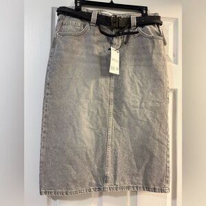 NWT Berksha Light Gray High-Waist Midi Denim Skirt with Belt